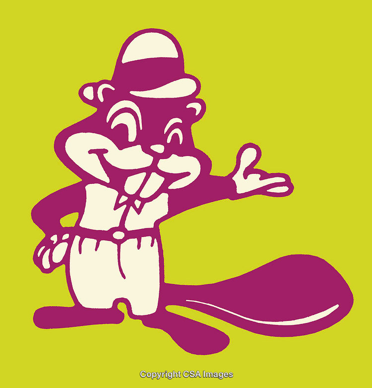 Cheerful Cartoon Beaver Wearing Farmer Outfit On Yellow Background