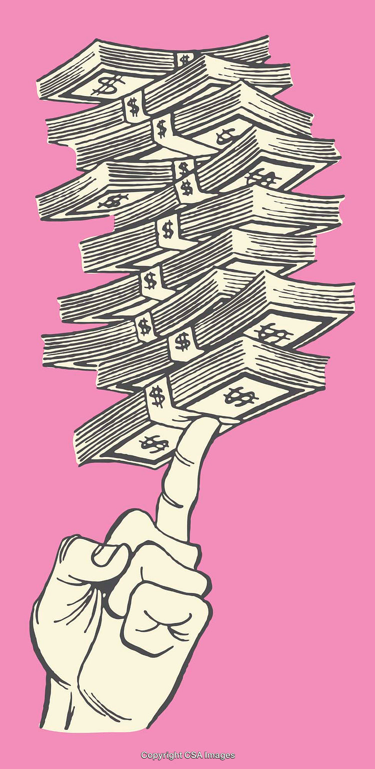 Hand Balancing a Stack of Money on a Pink Background