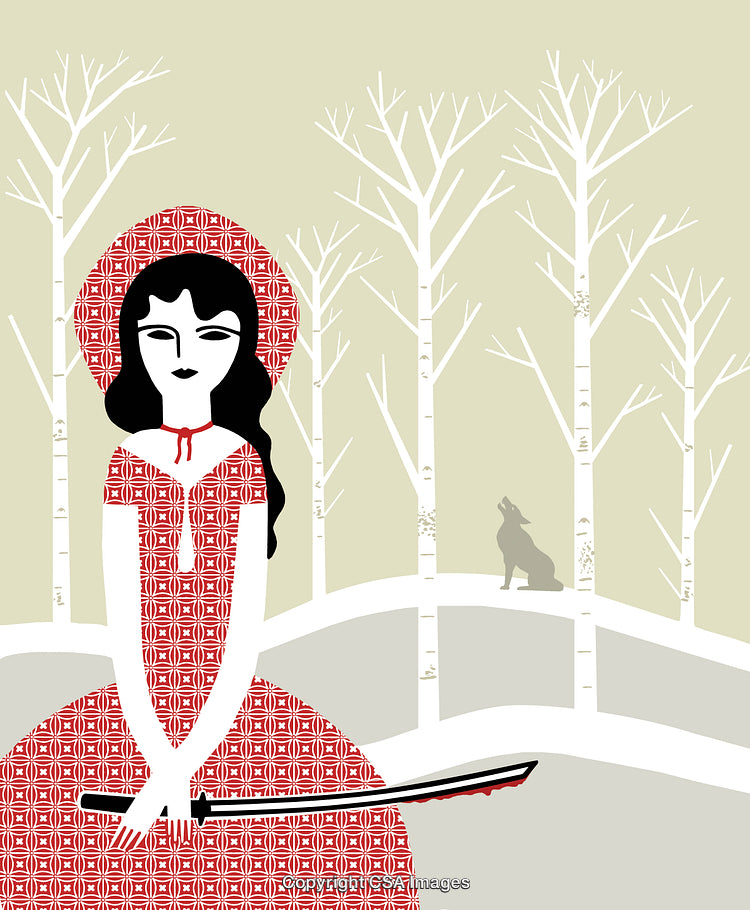 Illustration of Woman in Red Dress Holding Sword in a Forest