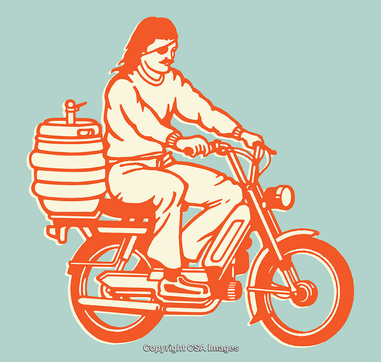 Illustration of a Person on a Moped with a Keg in Orange Line Art