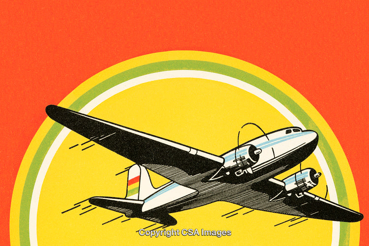 Stylized Vintage Illustration of an Airplane in Flight on a Colored Background