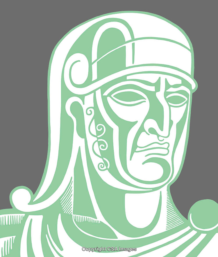 Green and White Line Art Illustration of Ancient Figure with Helmet