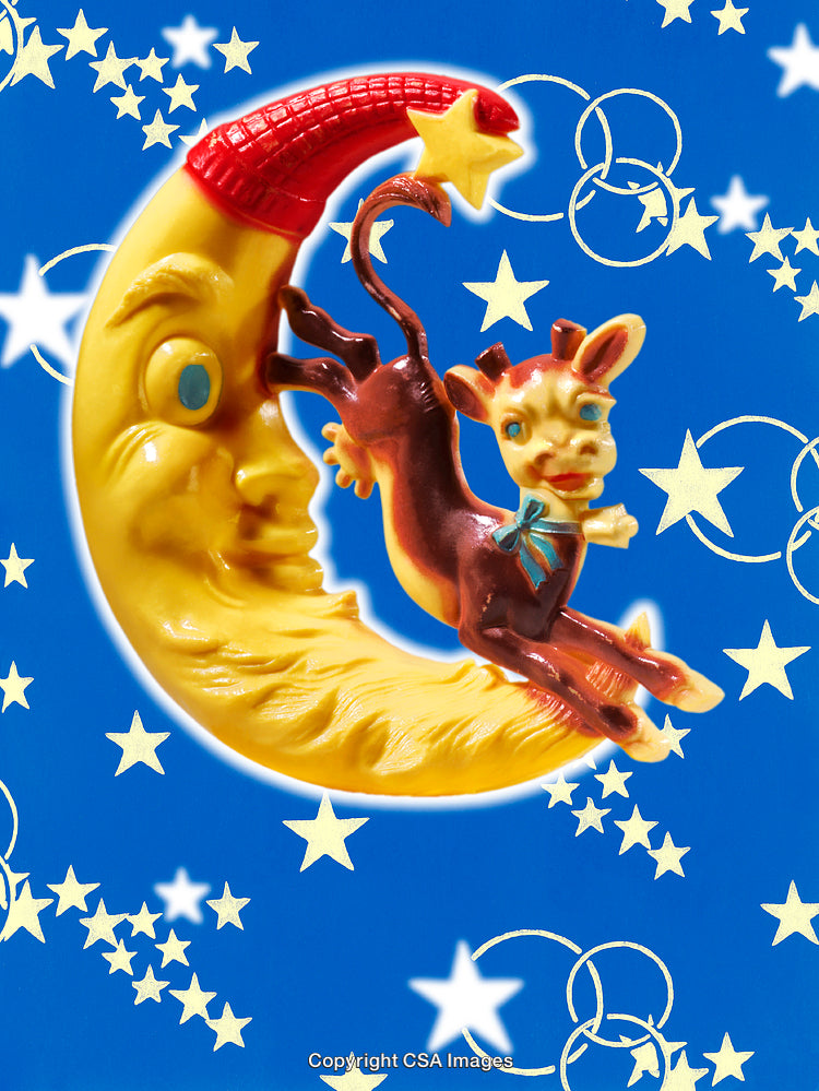 Playful Plastic Moon and Deer Toy With Starry Blue Background