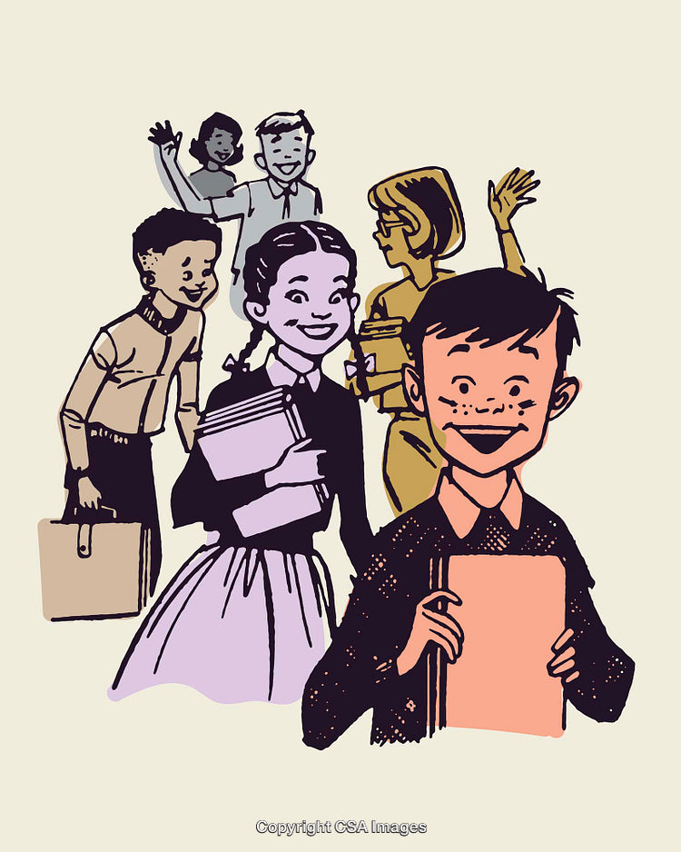 Group of Children Happily Holding Books and Waving in a Retro Style
