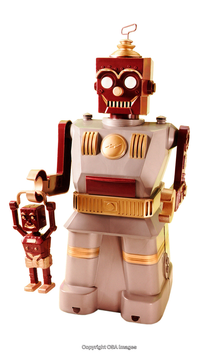 Vintage Robot Toy Holding Smaller Robot with Retro Aesthetic Details