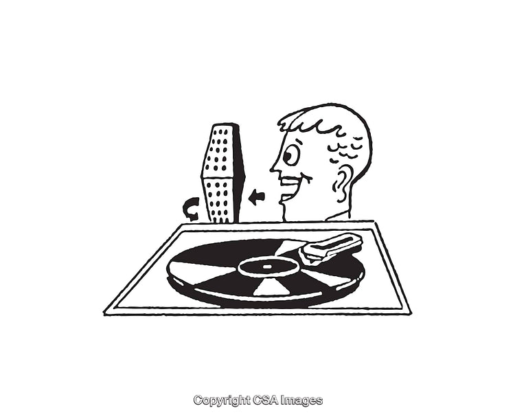 Black and White Illustration Depicting Abstract Grater, Face, and Vinyl Record