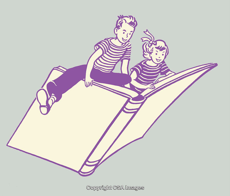 Children Riding a Giant Flying Book in Whimsical Artwork