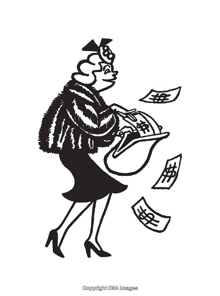Retro Line Art Illustration of a Lady Dropping Cash