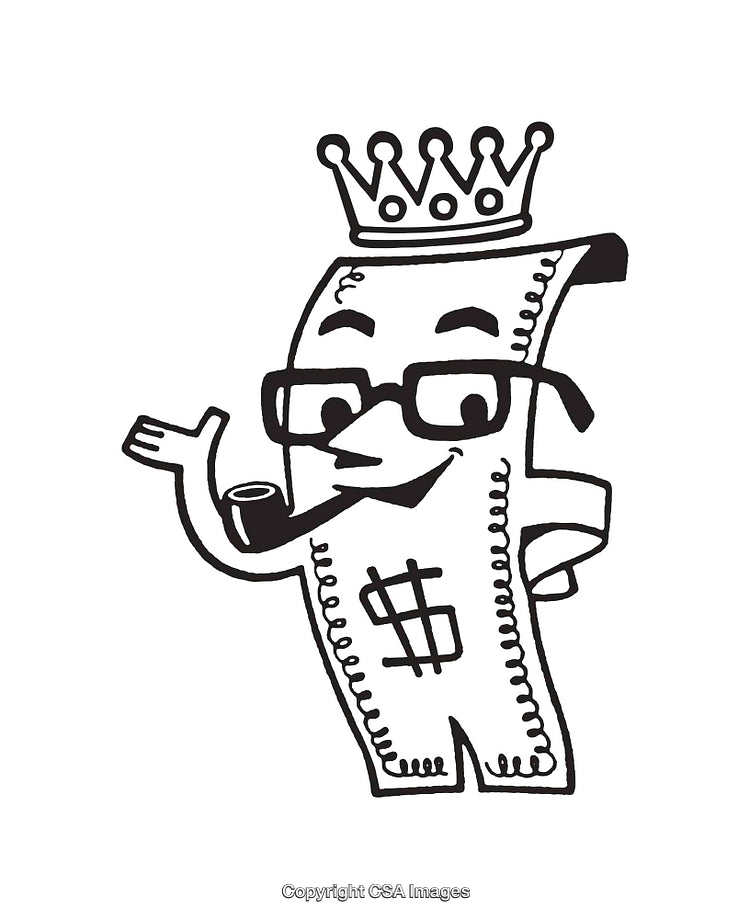 Whimsical Line Art Cartoon with Kingly Money Character Wearing Crown