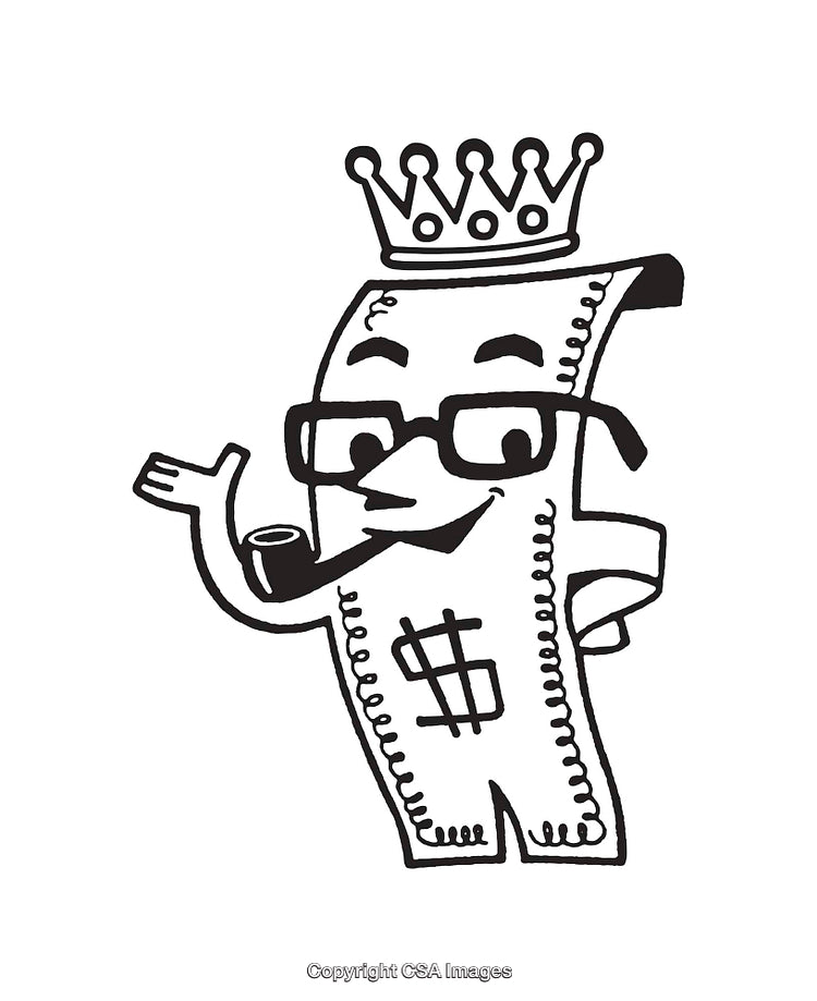 Whimsical Line Art Cartoon with Kingly Money Character Wearing Crown