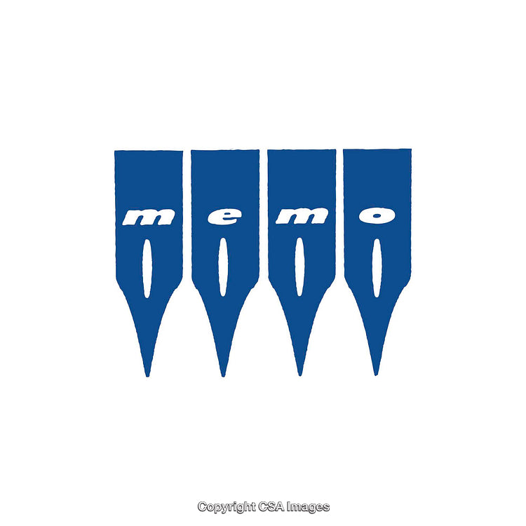 Stylized Blue Wordmark Representing "Memo" with Pen Nib Motif