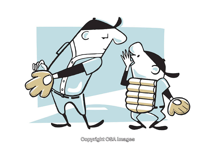 Baseball Players Discussing Strategy in Cartoon Style Illustration