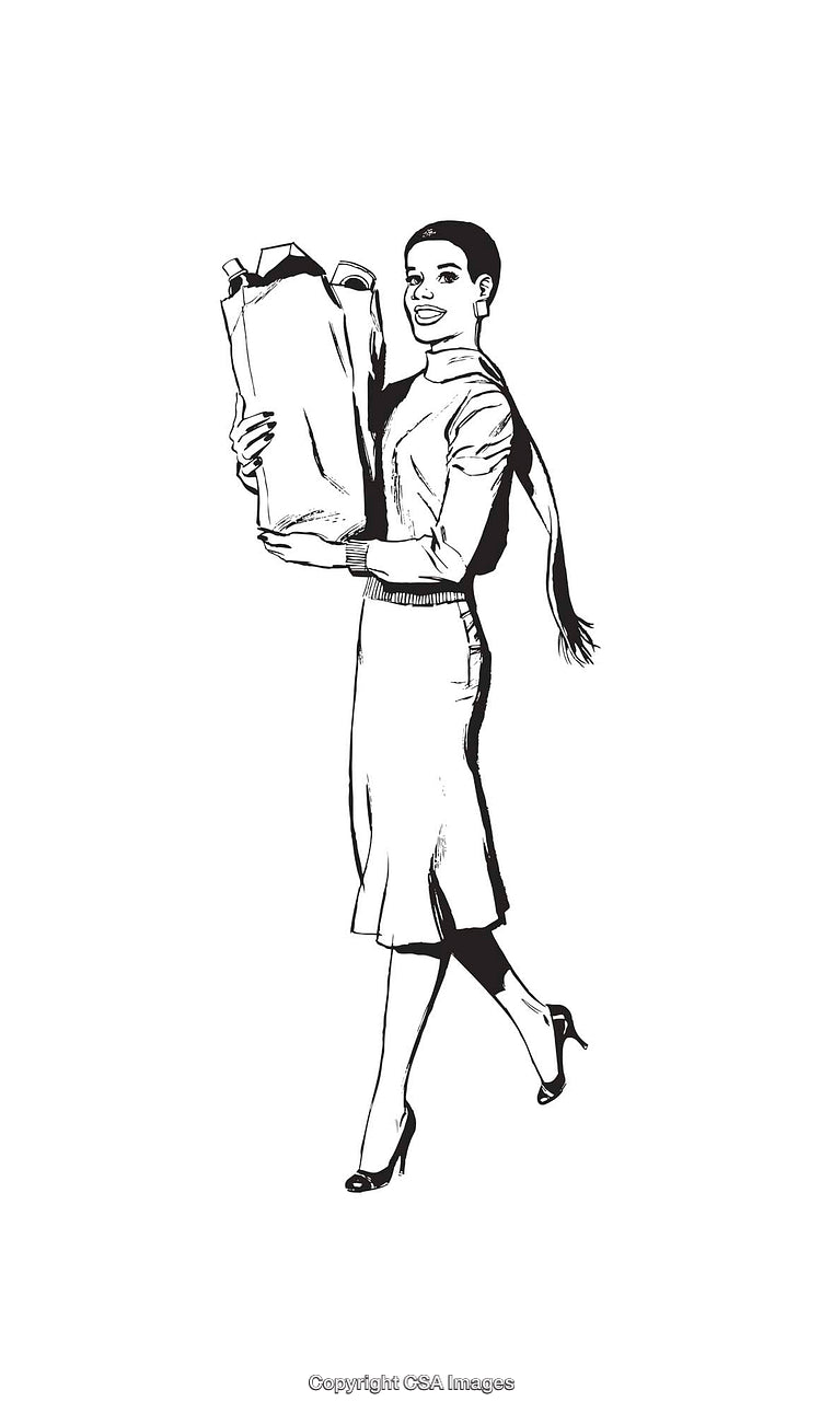 Black and White Illustration of a Woman Carrying a Grocery Bag