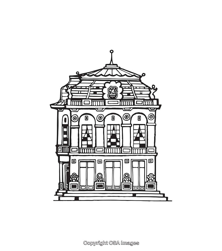 Vintage Architectural Line Art of Ornate European Style Building