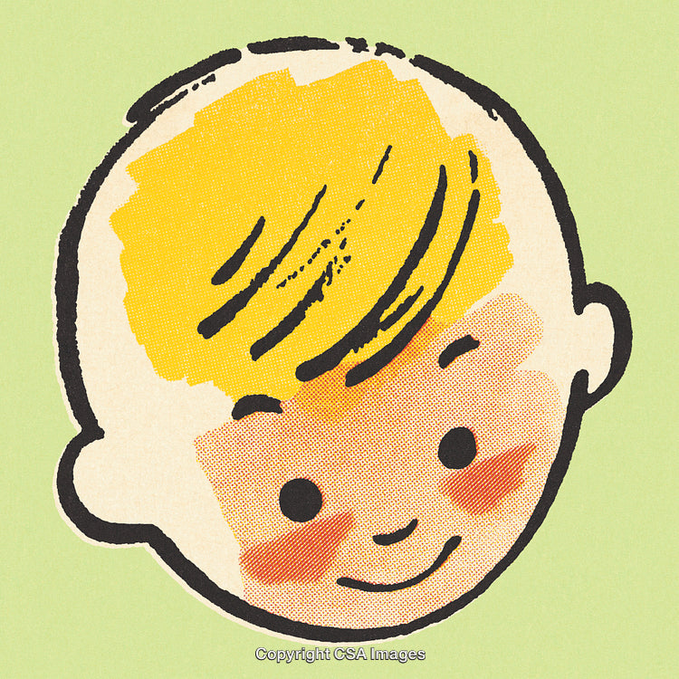 Retro Illustration of a Smiling Cartoon Child on a Light Green Background