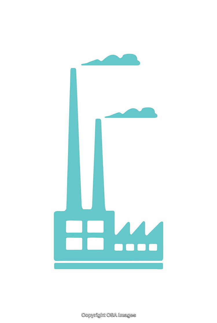 Minimalist Blue Factory Icon with Smokestacks and Clouds on White Background