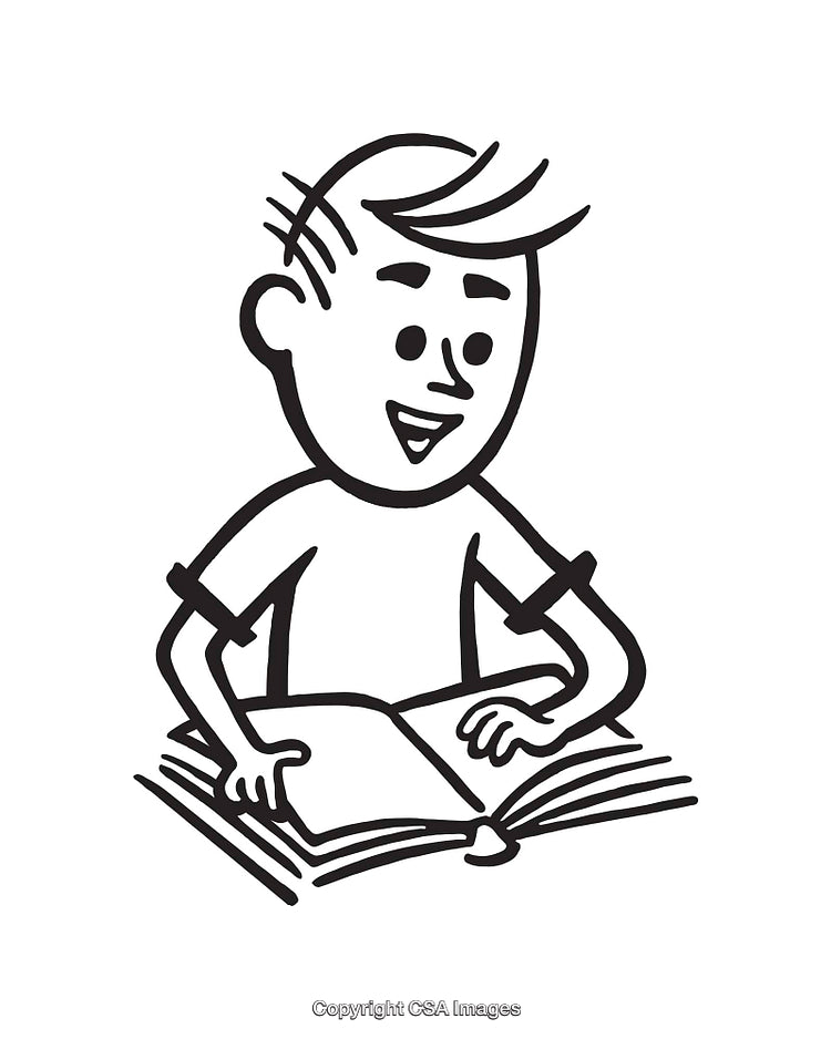 Black and White Line Art of Happy Boy Reading a Book