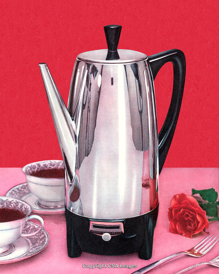 Shiny Coffee Percolator with Teacups and Rose on Elegant Red Background