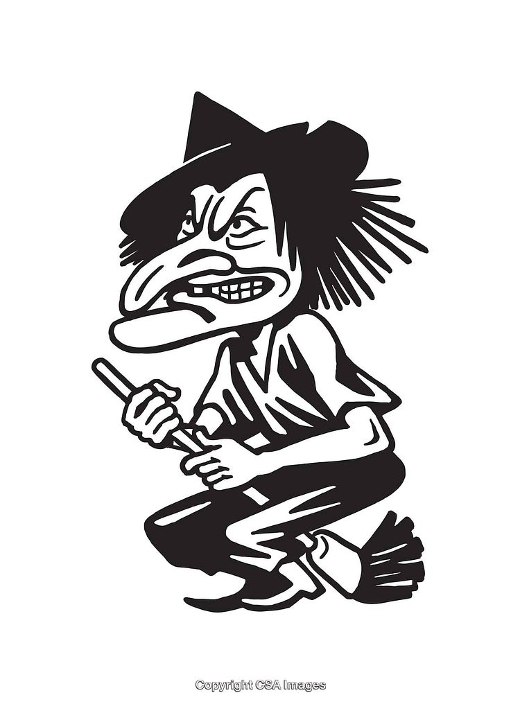 Black and White Illustration of a Witch Riding a Broomstick