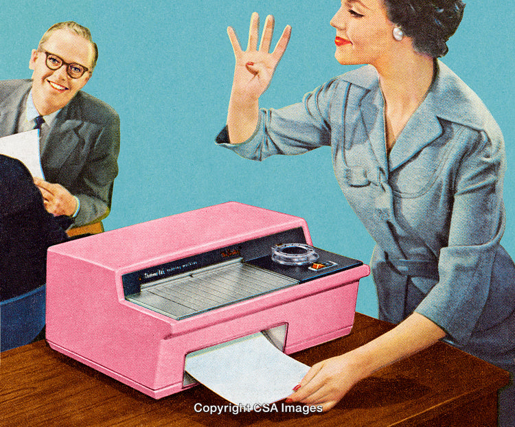 Retro Office Scene Featuring Pink Fax Machine and Smiling Colleagues