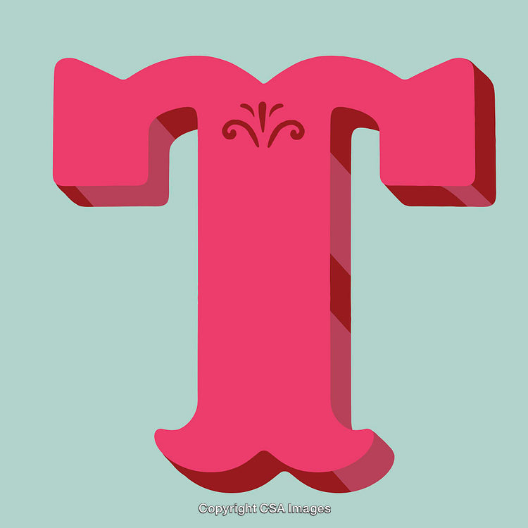 Stylized Bold Pink Letter T with Decorative Details on a Blue Background