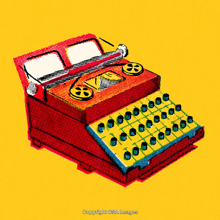 Pop Art Style Illustration of a Retro Typewriter on Yellow Background