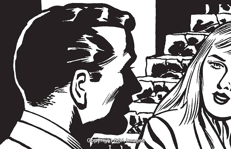 Black And White Comic Style Illustration of Two Characters in Conversation
