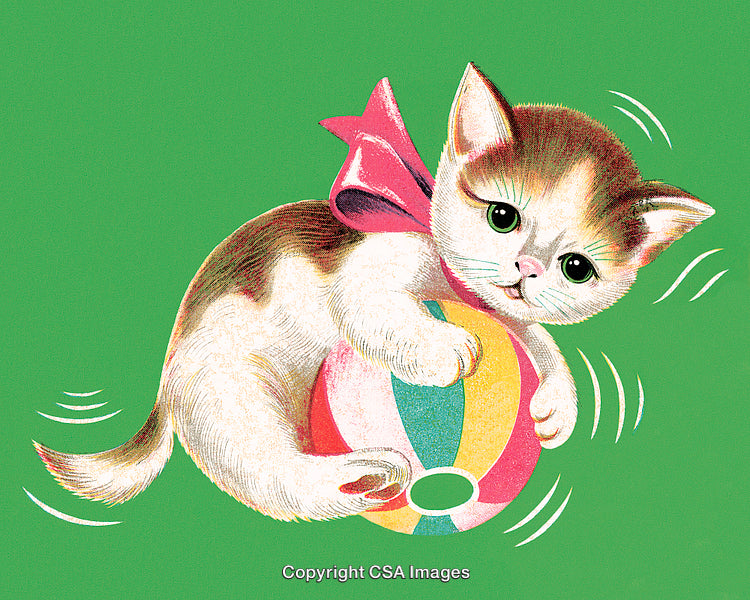 Cute Kitten Playing With a Colorful Ball on a Green Background