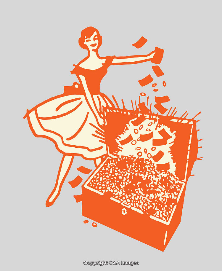 Vintage-Style Illustration of Woman and Treasure Chest in Bold Colors