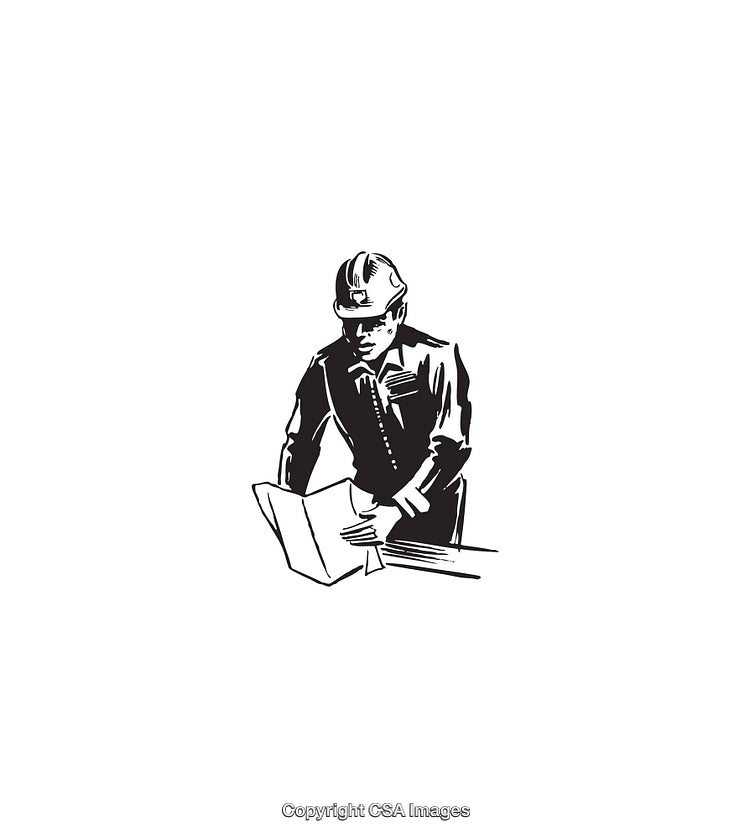 Black and White Line Art of a Worker Studying Plans at a Desk