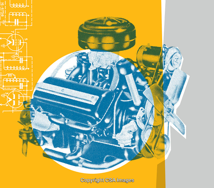 Vintage Engine Illustration with Technical Blueprint Overlay and Bold Colors