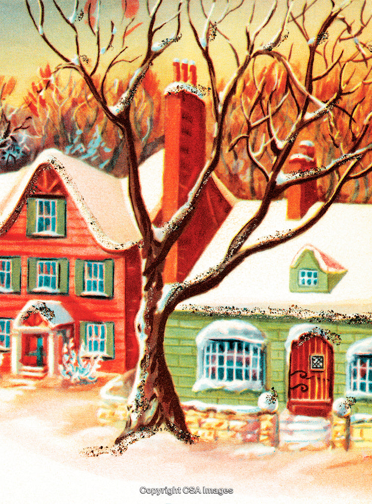 Vintage Winter Scene Featuring Colorful Houses and Snow-Covered Branches