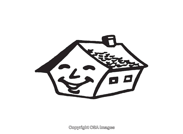 Black And White Line Art of a Smiling House Illustration