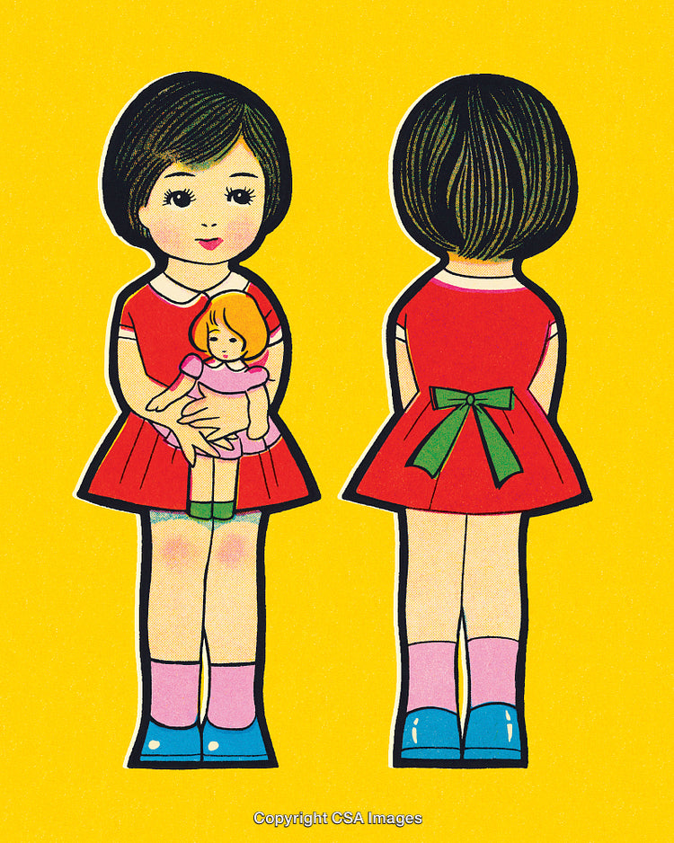 Retro Illustration of Girl Holding Doll in Red Dress with Bright Background
