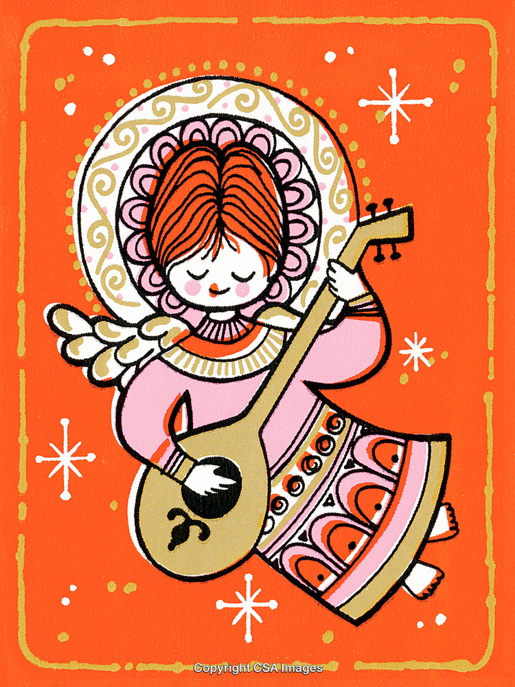Colorful Angel Illustration Playing Guitar with Decorative Pattern on Orange Background