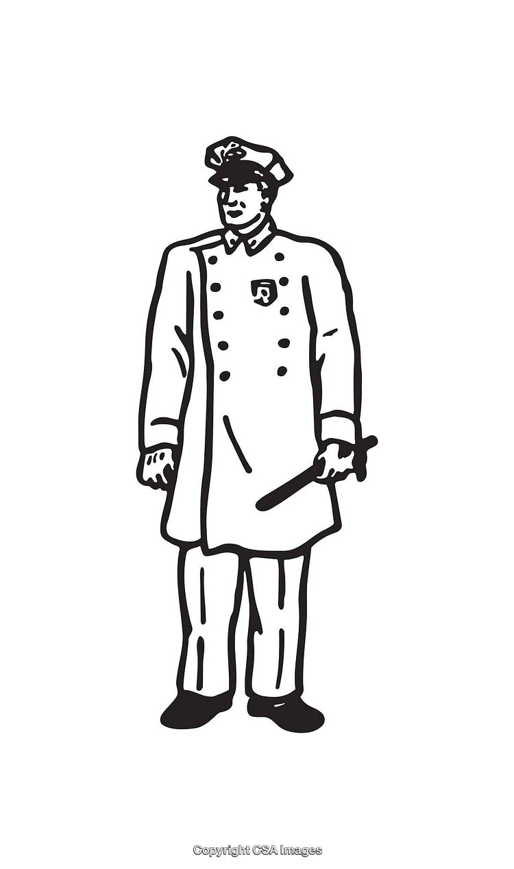 Illustrative Black and White Line Art of a Police Officer Standing