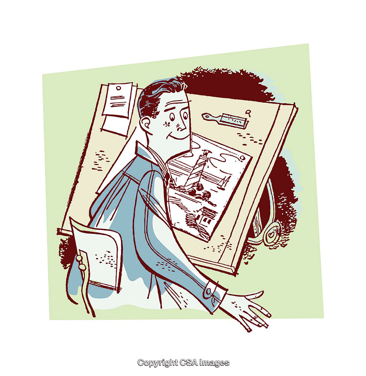 Retro Illustration of a Cartoon Figure at a Desk with Papers
