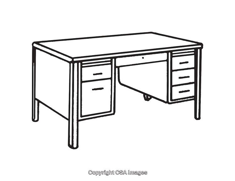 Black And White Line Drawing Of A Classic Office Desk With Drawers