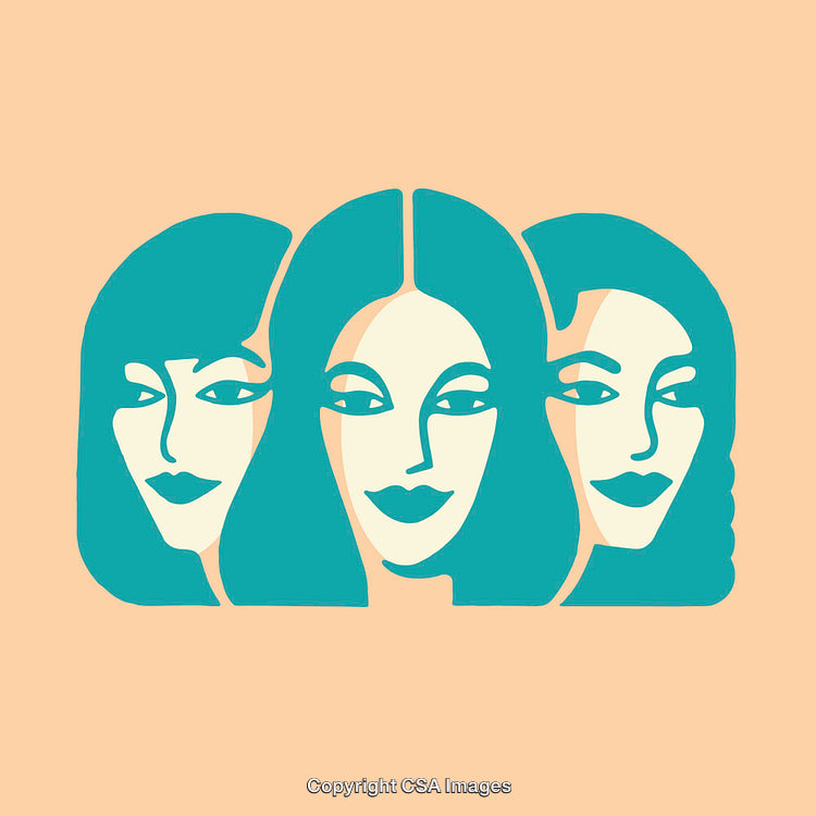 Stylized Illustration of Three Women with Vibrant Colors and Minimalist Design