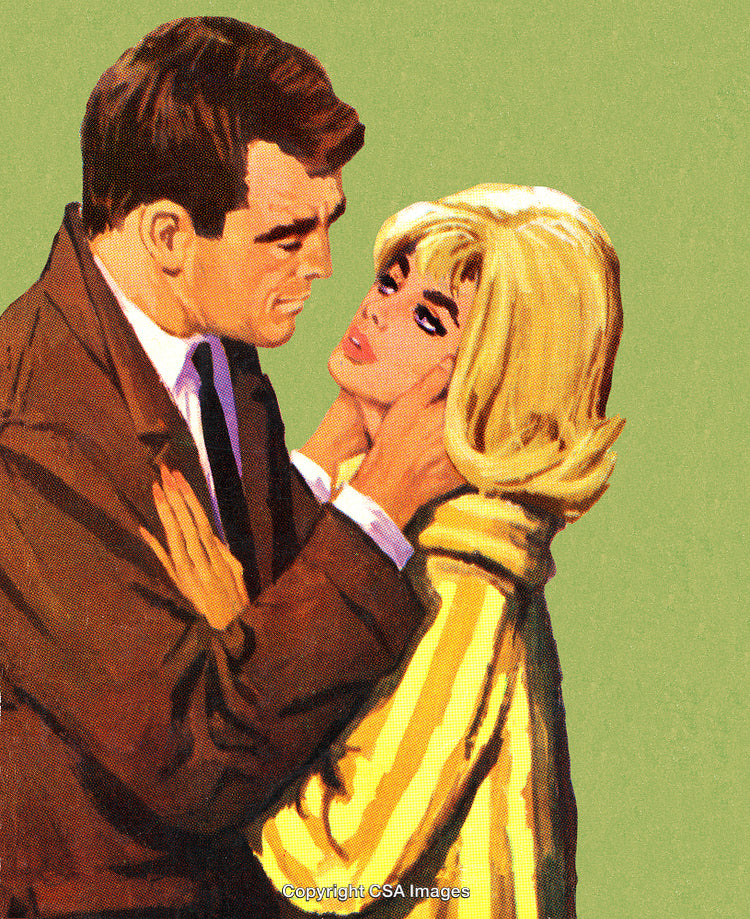 Romantic Illustrated Couple Embracing with Intense Connection in Vintage Style Art