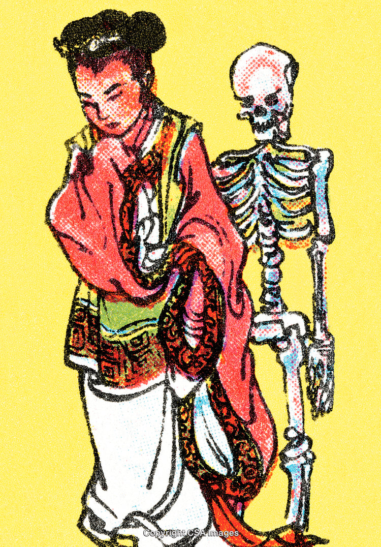 Traditional Artwork of Woman and Skeleton in Colorful Attire on Yellow Background