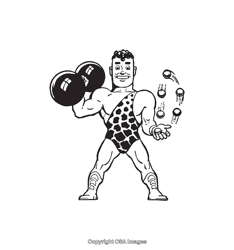 Strongman Juggling and Lifting Dumbbells in Detailed Line Art Illustration