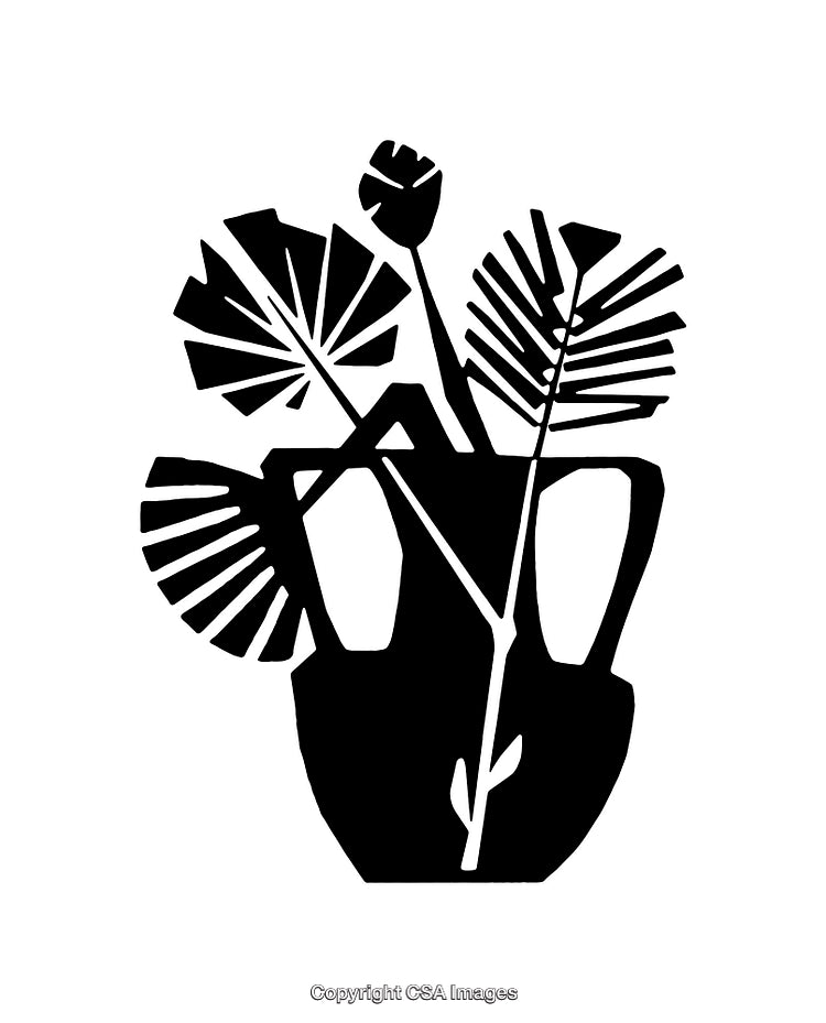 Black and White Vase with Abstract Line Art Floral Design