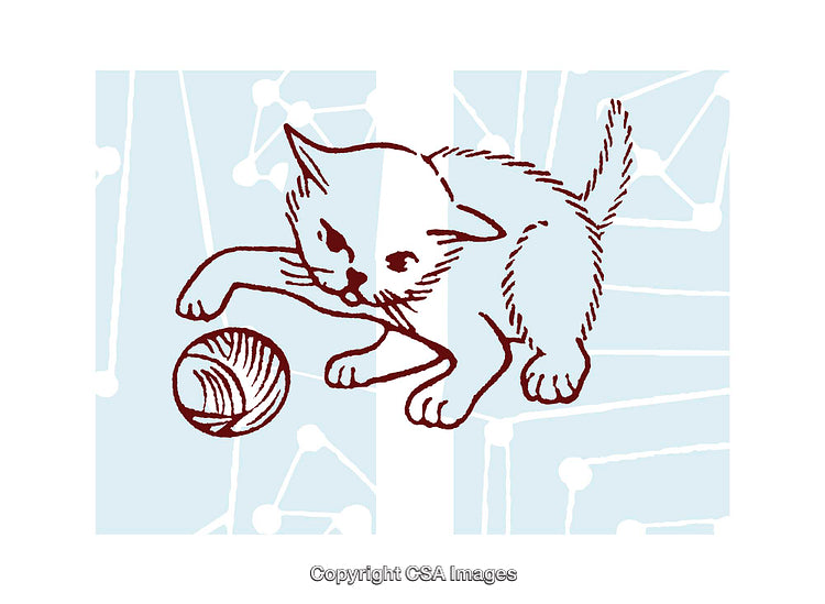 Illustrated Playful Kitten Playing With Ball Of Yarn on Abstract Background