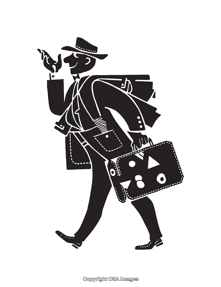 Vintage Traveler Carrying Luggage in Black and White Line Art Illustration