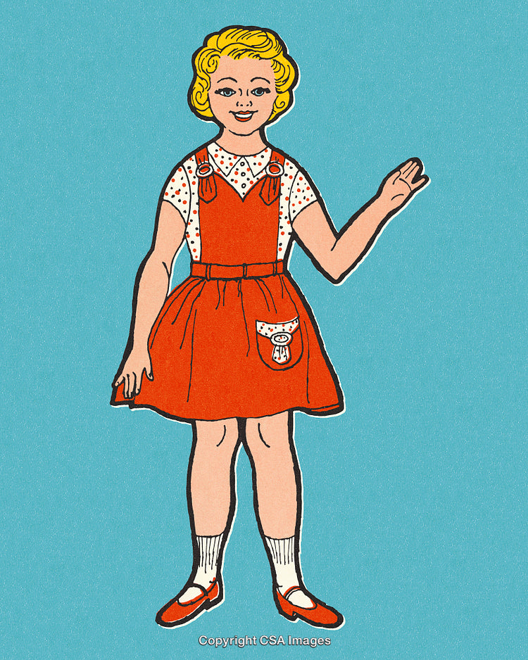 Retro Illustration of Girl in Red Dress on Vintage Blue Background