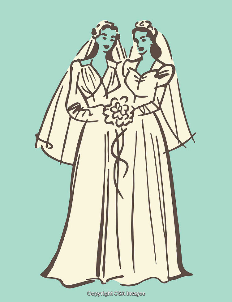 Vintage Illustration of Two Brides in Elegant Wedding Dresses