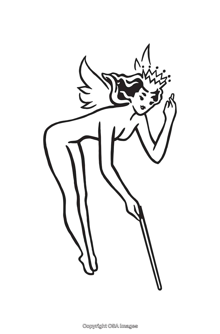 Elegant Black and White Line Art Fairy Illustration With Crown and Wand
