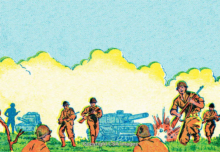 Vintage Illustrated Scene of World War Soldiers in a Battlefield Conflict