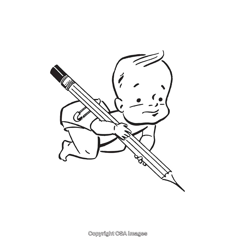 Baby Holding a Large Pencil in Black and White Illustration